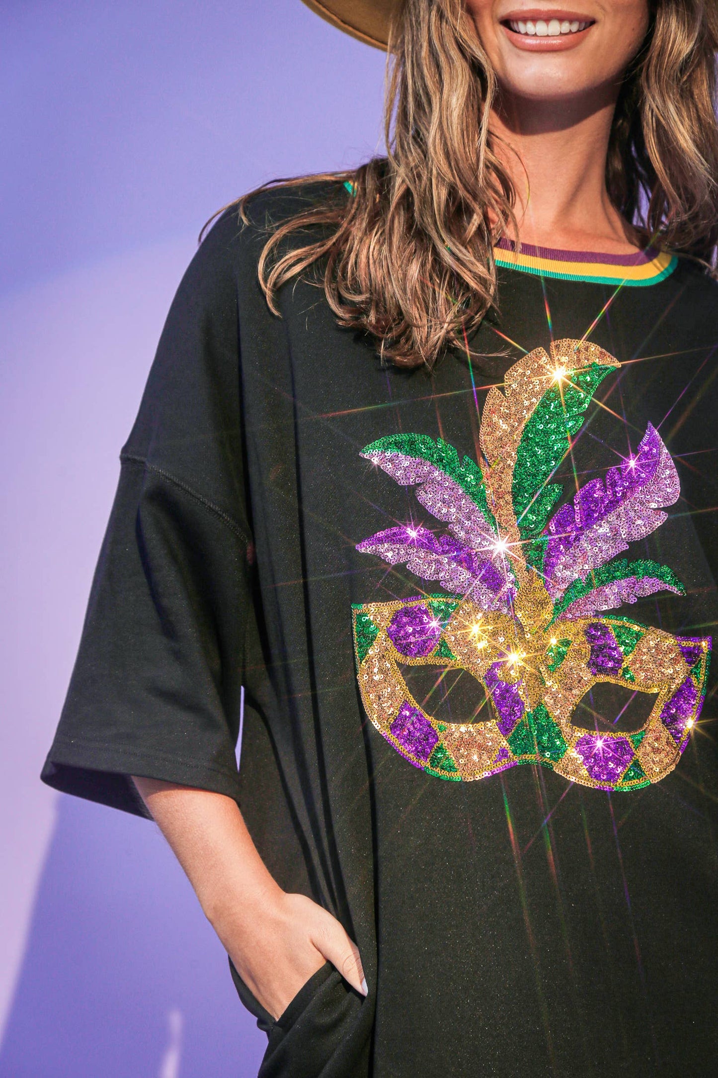 Mardi Gras Sequin Masks T-Shirt Dress- Black
