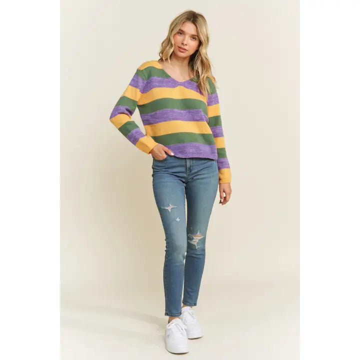 Mardi Gras Colorful Stripe Relaxed Fit Pullover Top