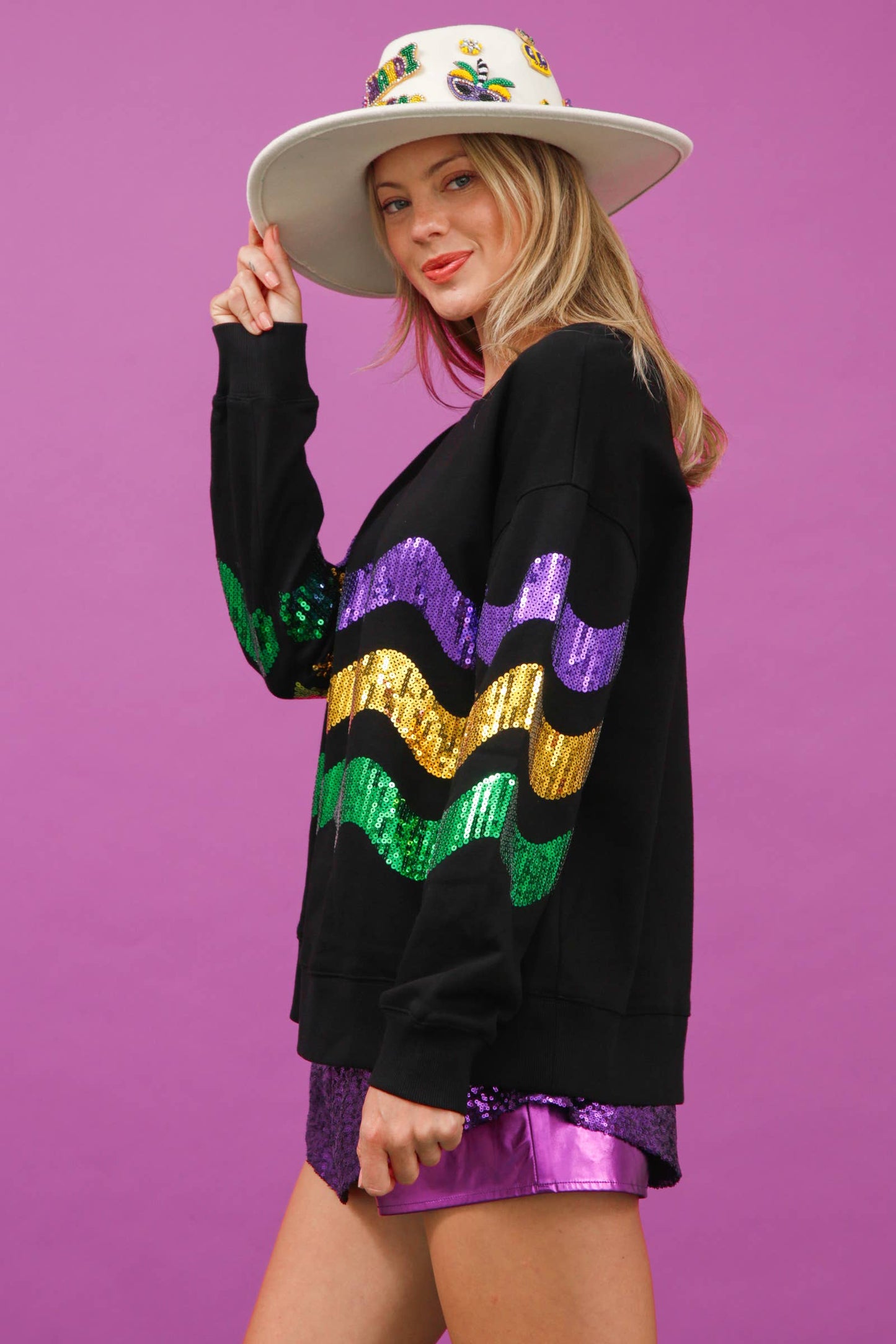 Mardi Gras Sequin Wave Pullover - Black