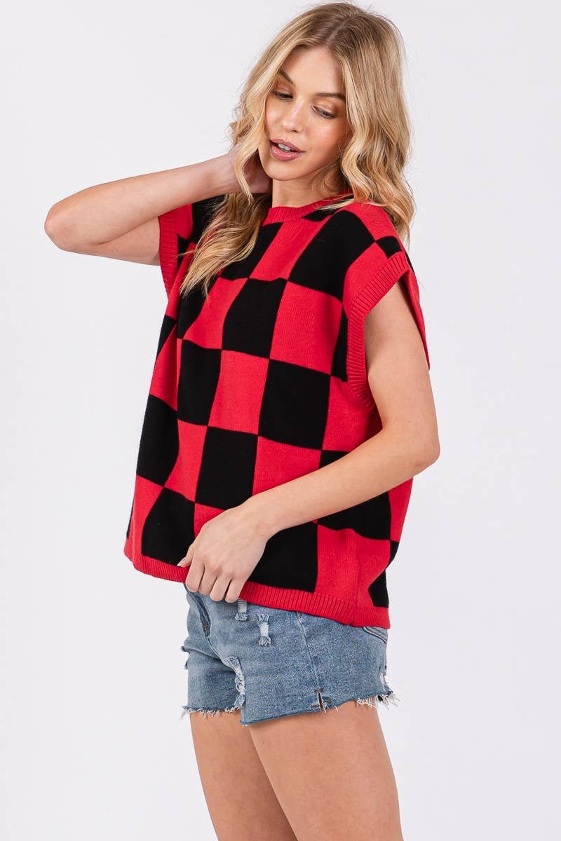 Checkered Knit Sleeveless Game Day Top