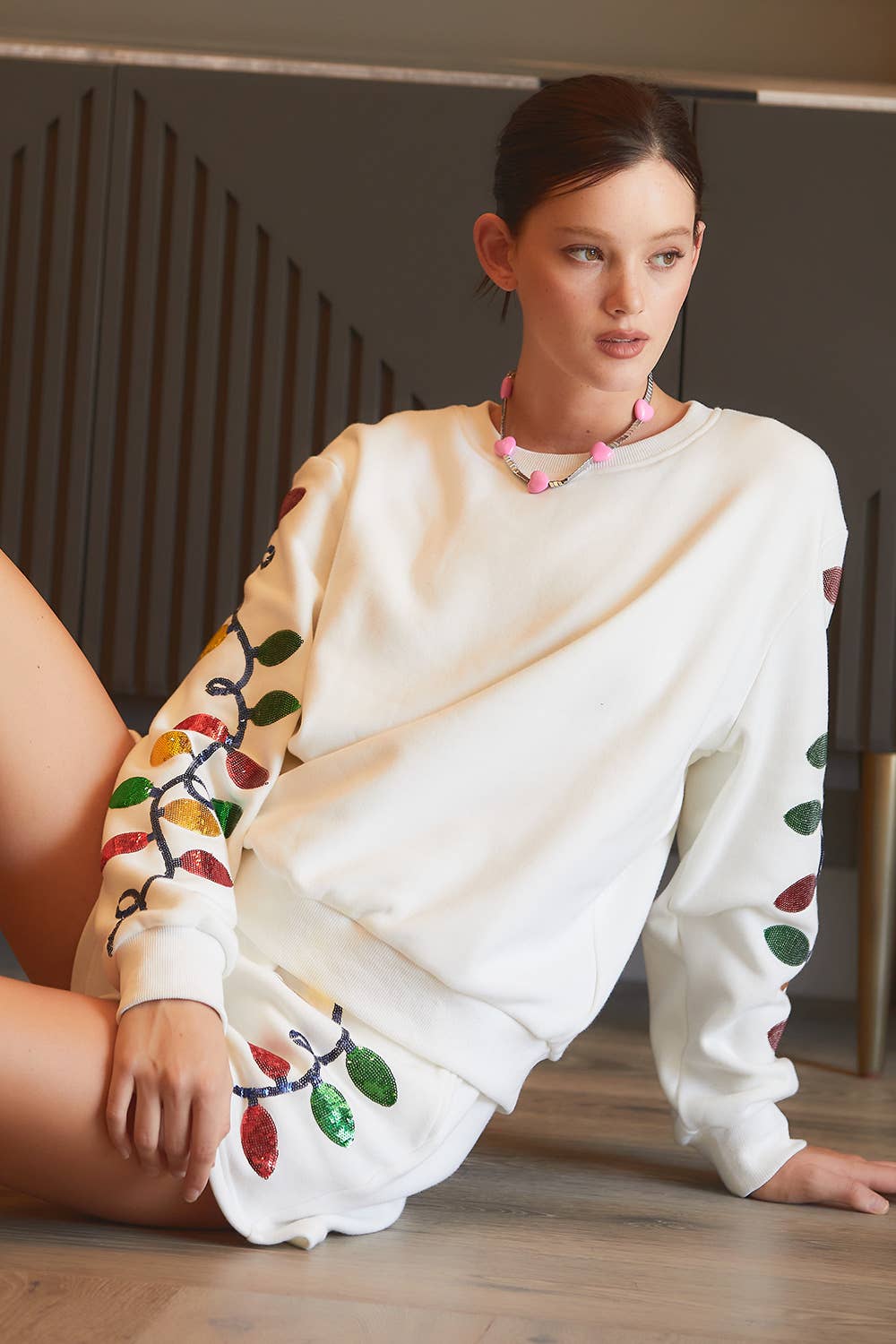 Christmas Light Sequin Embroider Fleece Sweater Top- White