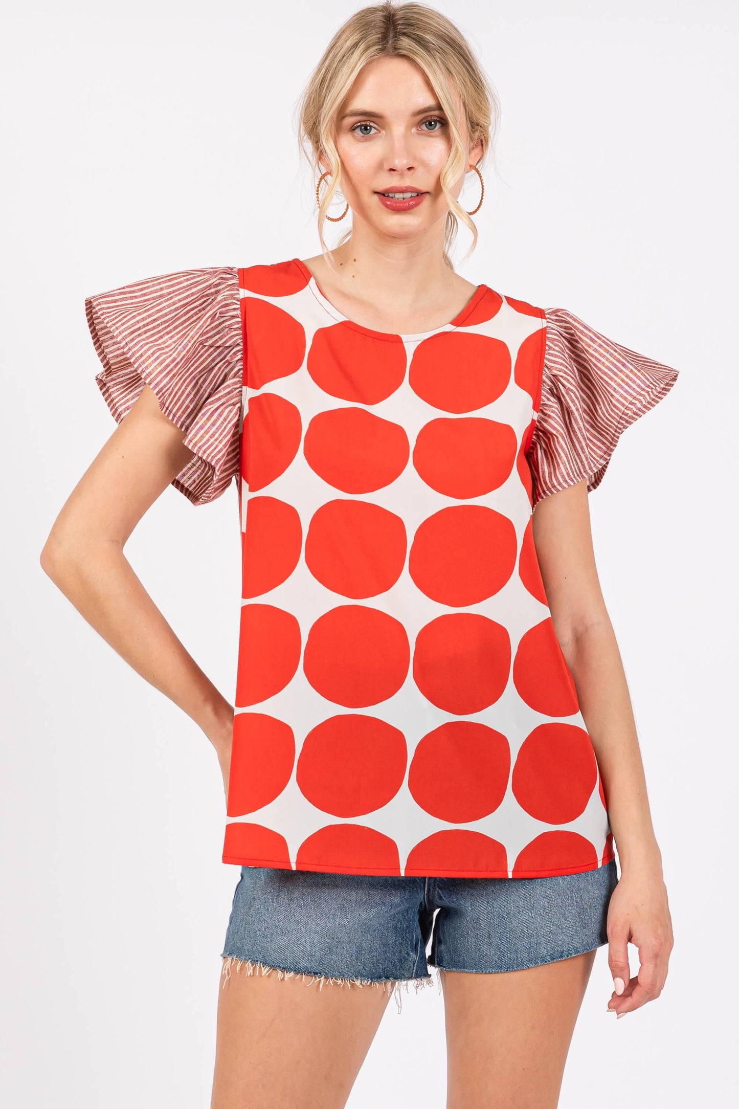 Contrast Polka Dot Blouse Top- Blue/ Royal Blue