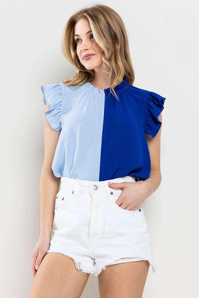 Game Day Ruffle Sleeveless Woven Blouse Top- Green/Pink