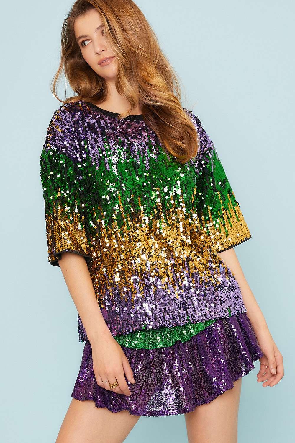 Mardi Gras Color Block Sequin Round Neck Top
