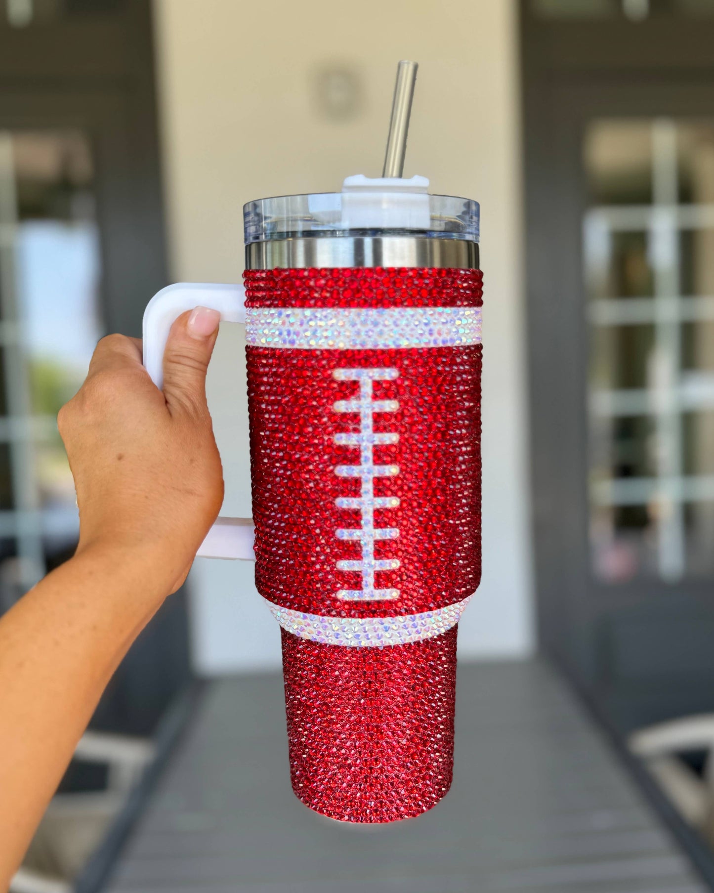 40 oz Crystal Red Football Tumbler