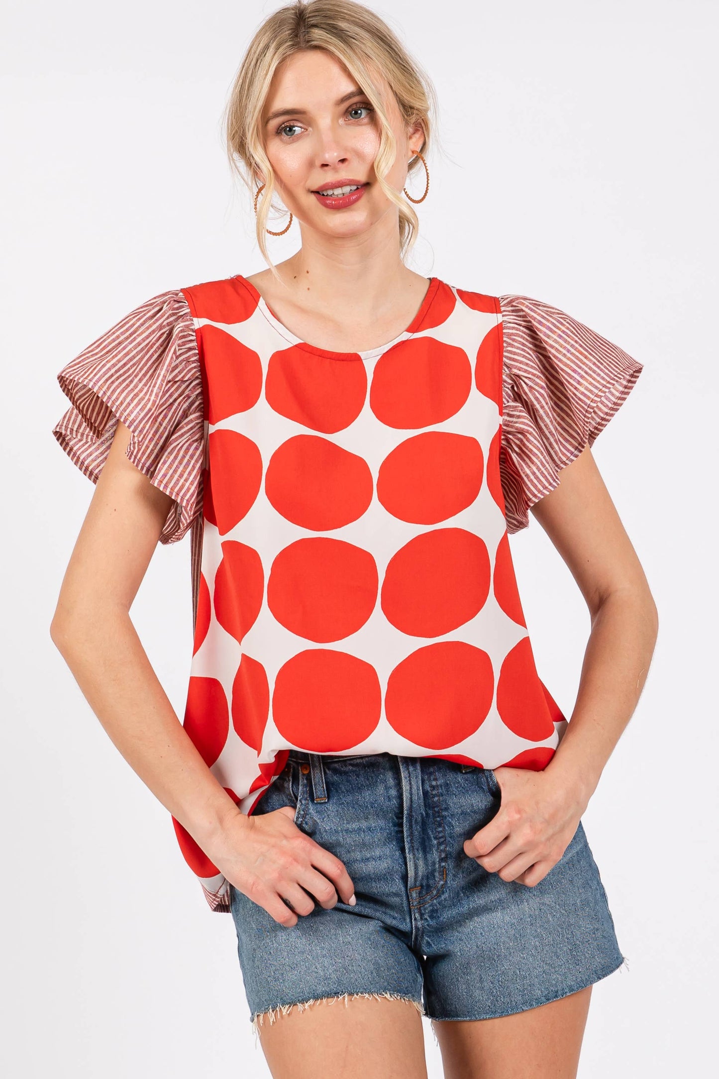 Contrast Polka Dot Blouse Top- Blue/ Royal Blue