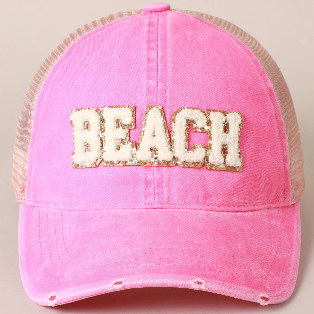 BEACH Chenille Letter Patch Mesh Back Baseball Cap- Mint