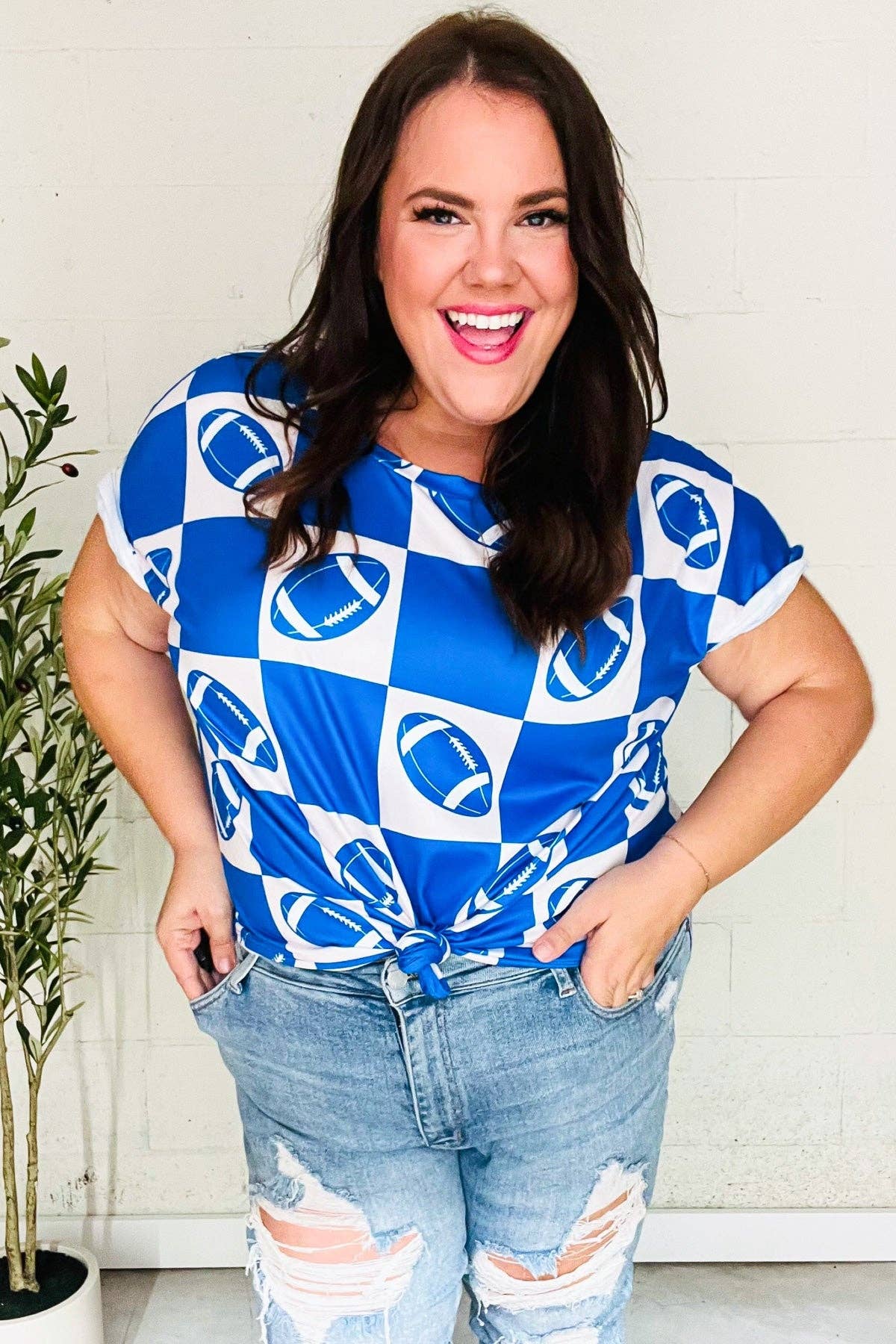 Game Day Football Checker Print Knit Top- Blue
