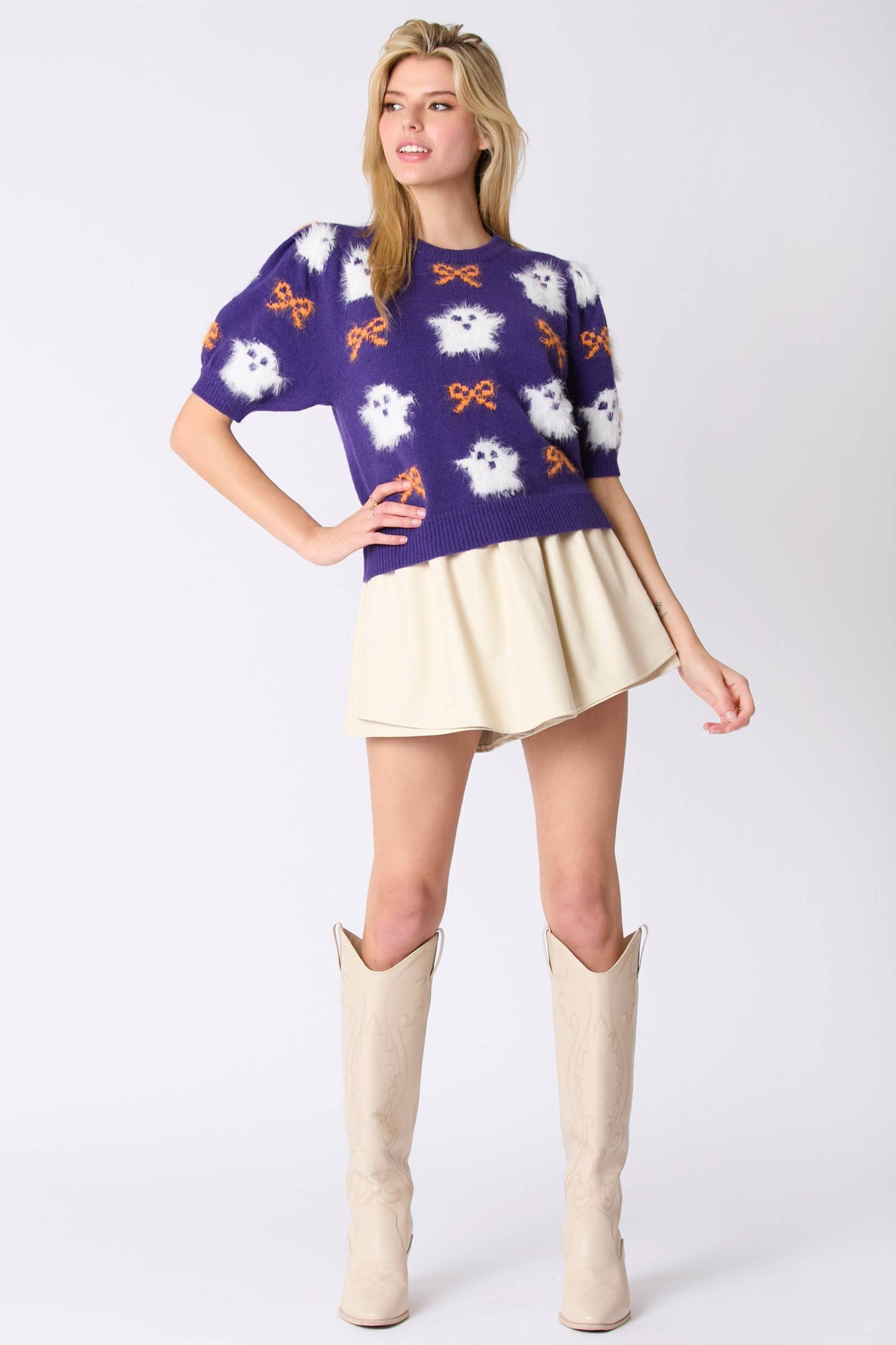 Fur Ghost & Ribbon Patterned Puff Sleeve Sweater- Purple