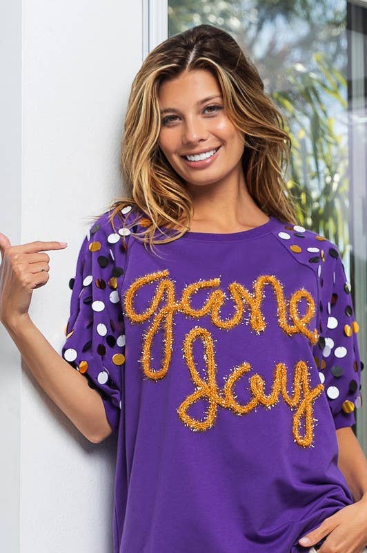 Game Day Metallic Letter Spangle Short Sleeve Sweater- Purple & Gold