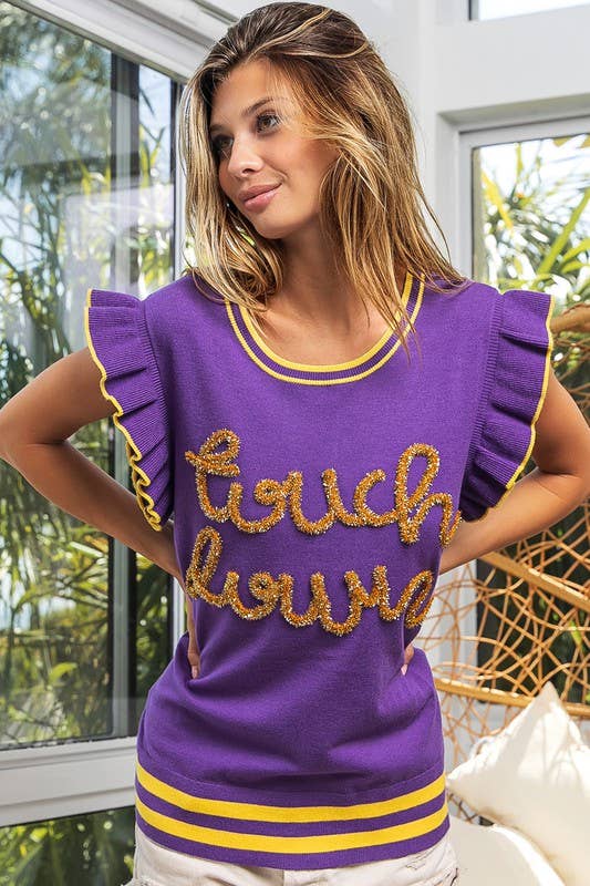 Touchdown Ruffled Armhole Sleeveless Sweater- Purple & Gold