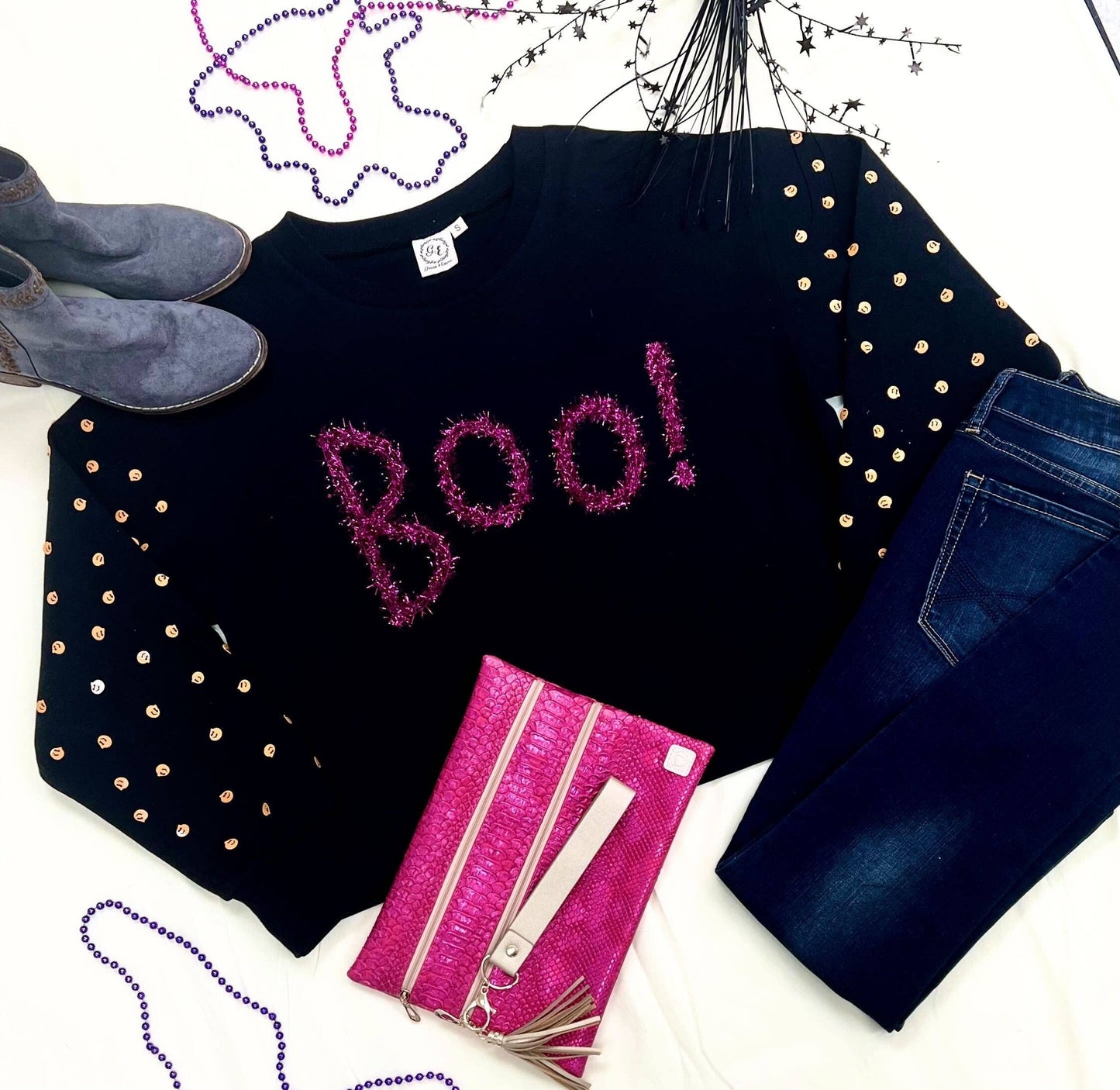 Black Boo Crewneck with Pumpkin Sequin Sleeves