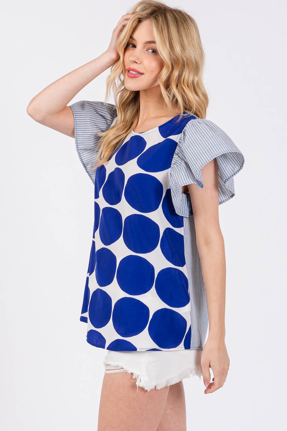 Contrast Polka Dot Blouse Top- Blue/ Royal Blue