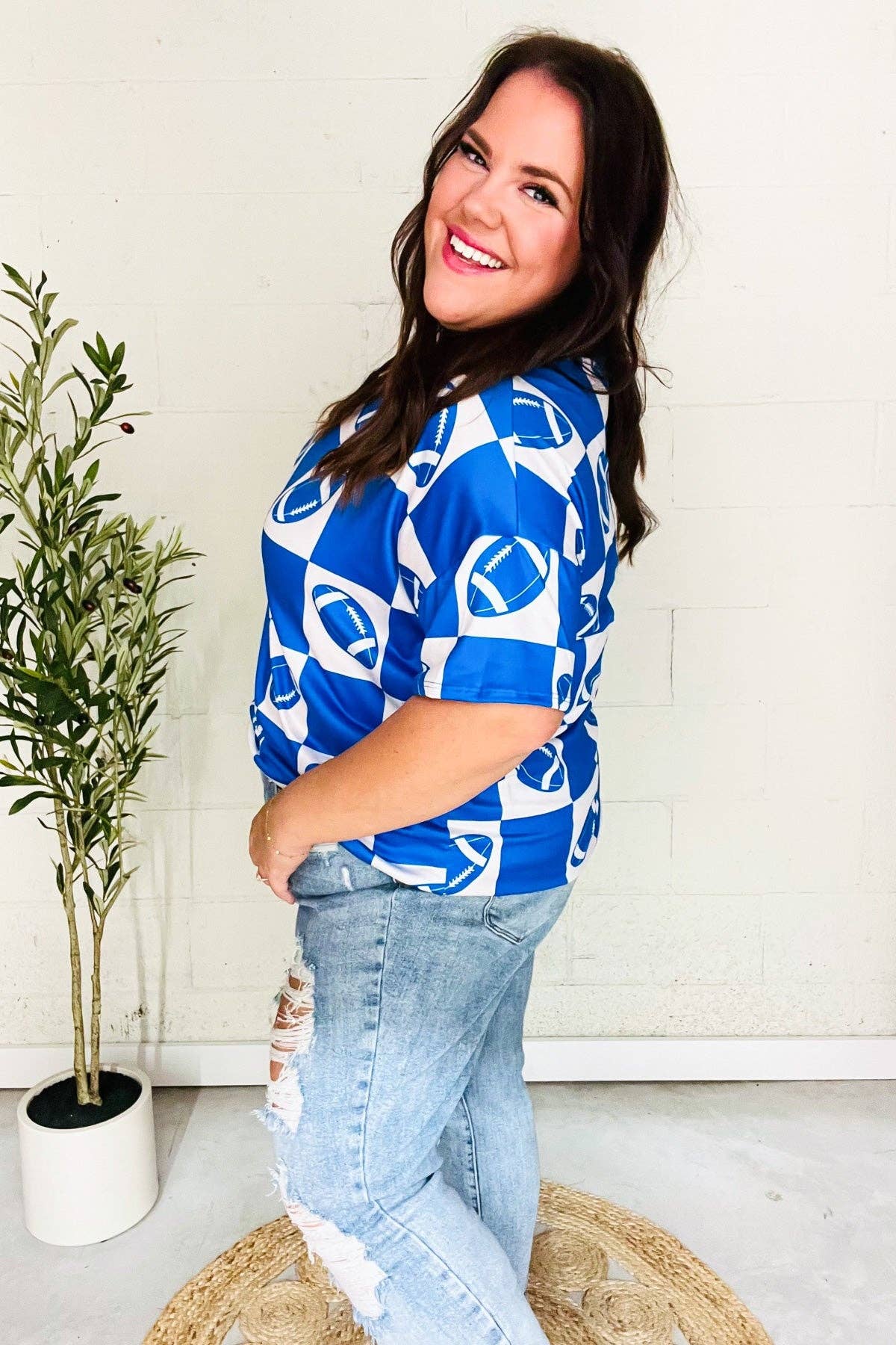 Game Day Football Checker Print Knit Top- Blue