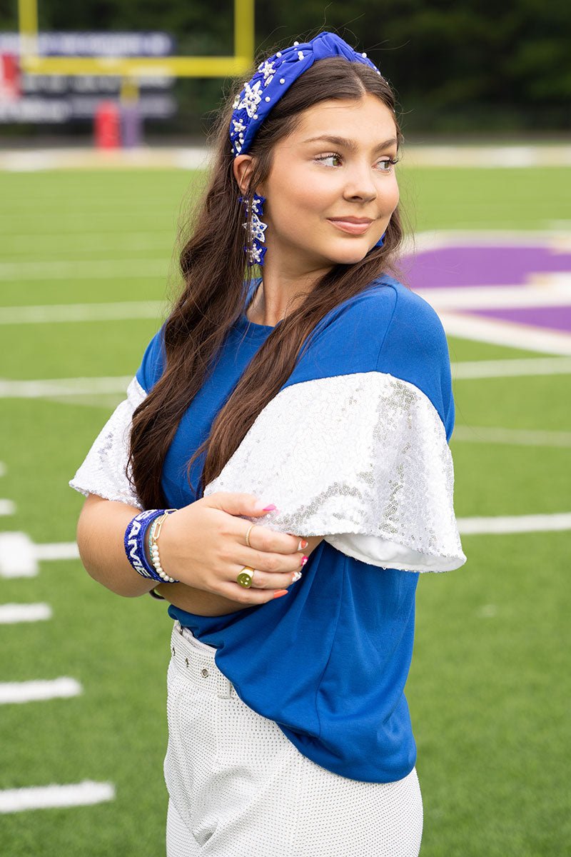 Winning Season Royal and White Sequin Sleeve Shirt