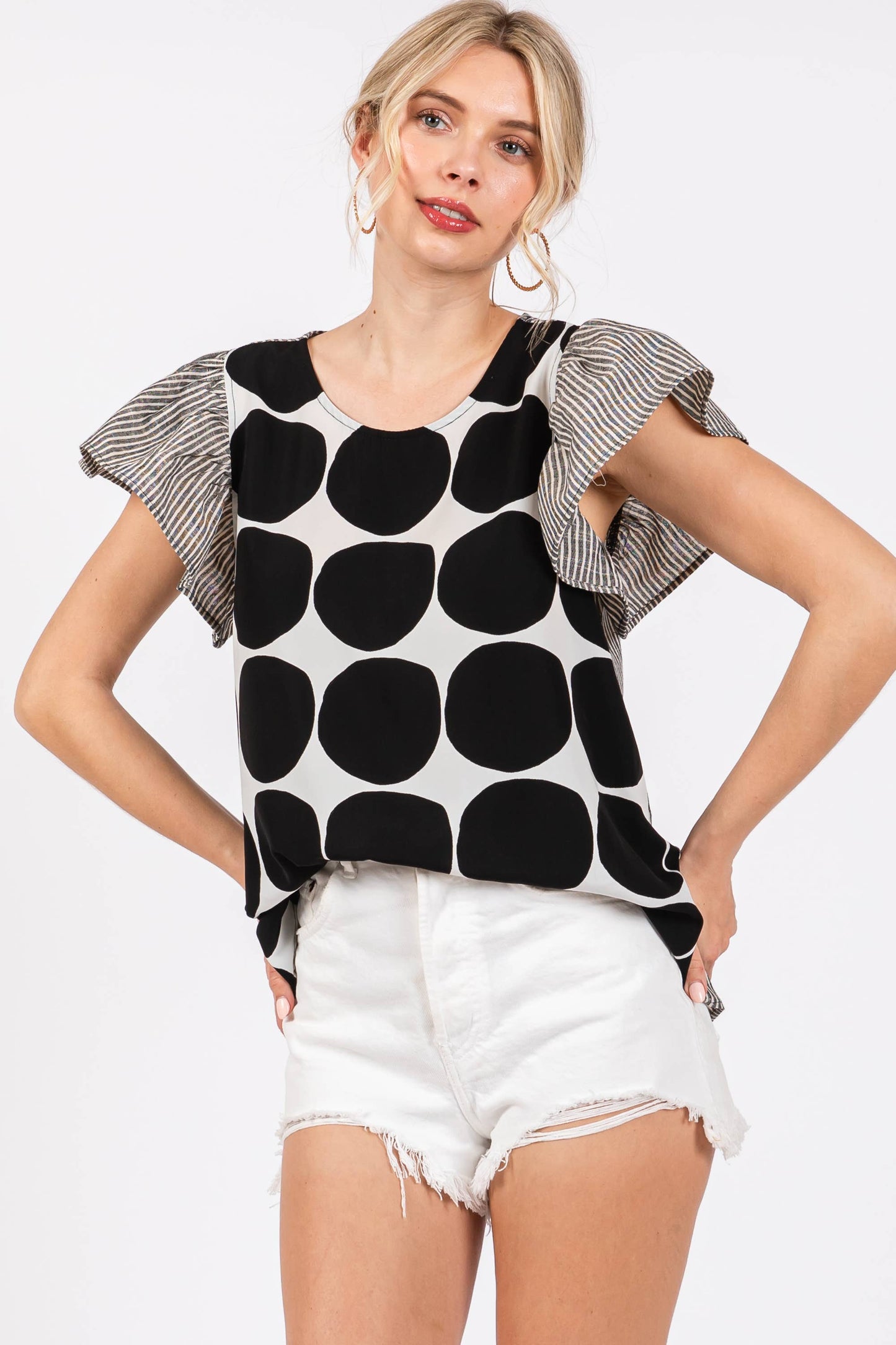 Contrast Polka Dot Blouse Top- Blue/ Royal Blue