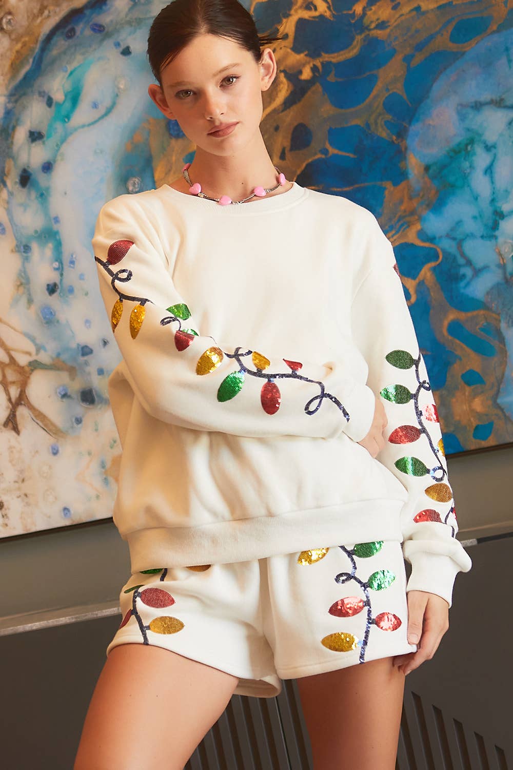Christmas Light Sequin Embroider Fleece Sweater Top- White