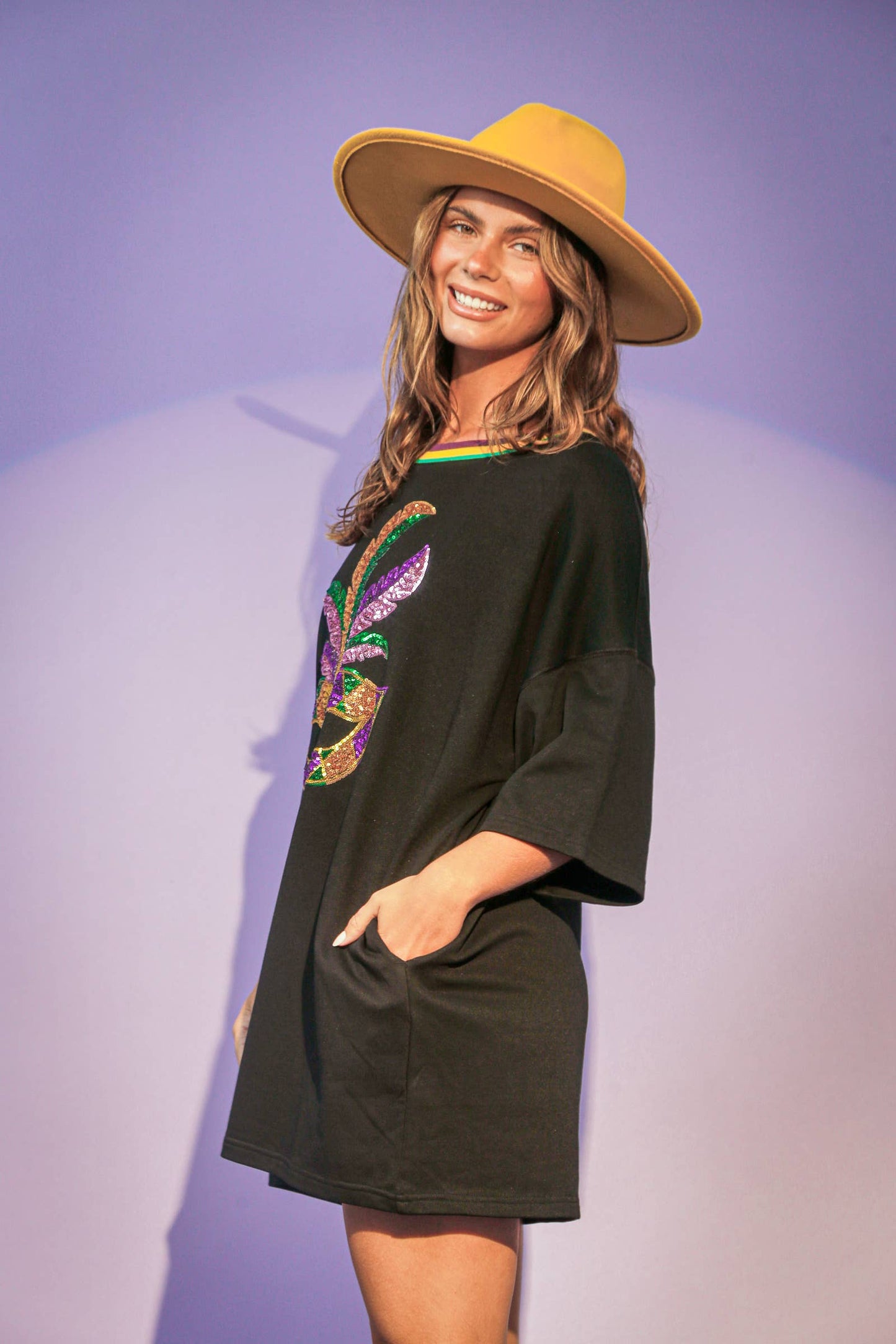 Mardi Gras Sequin Masks T-Shirt Dress- Black