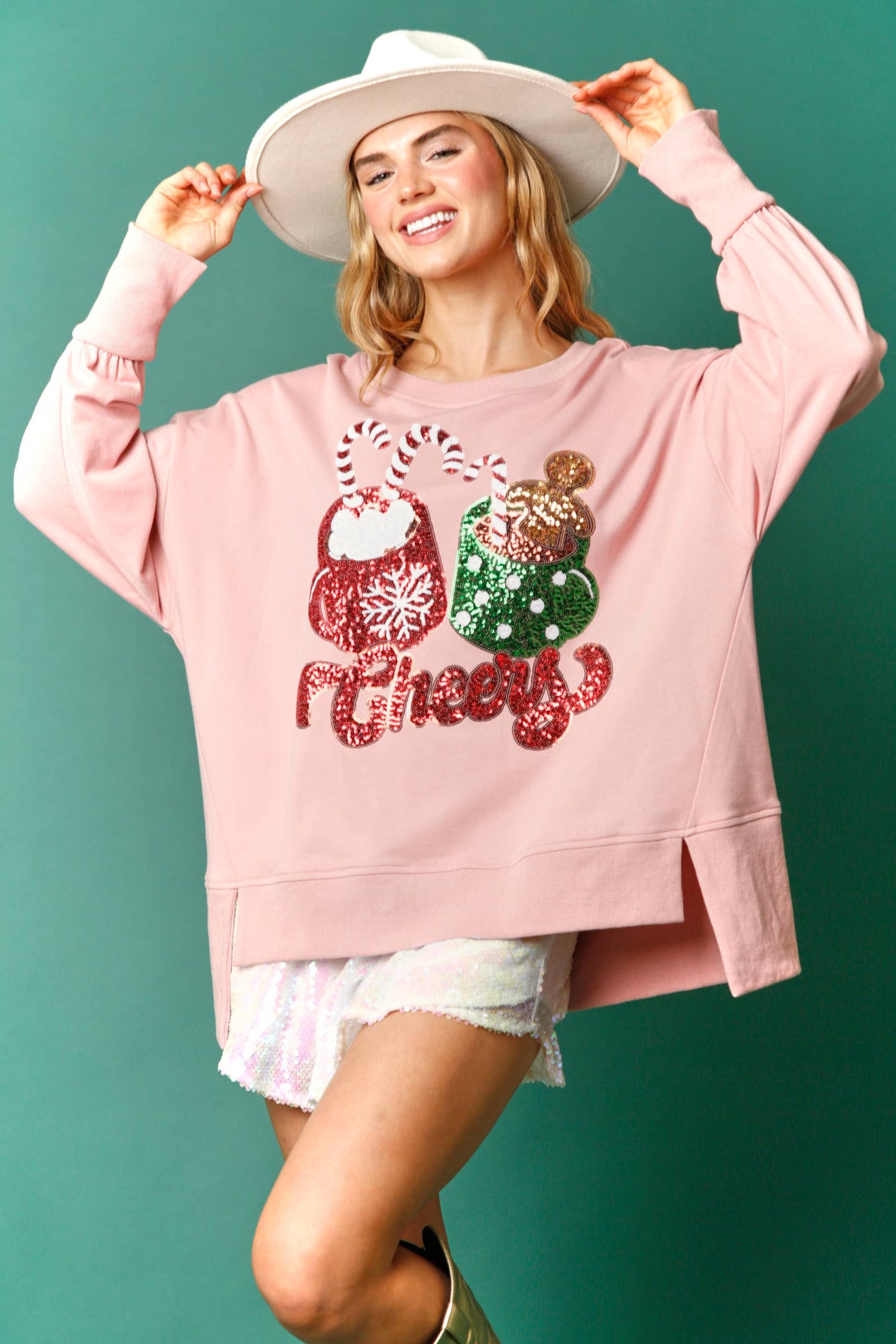 Cheers Hot Cocoa Sequin Sweatshirt- Dusty Peach