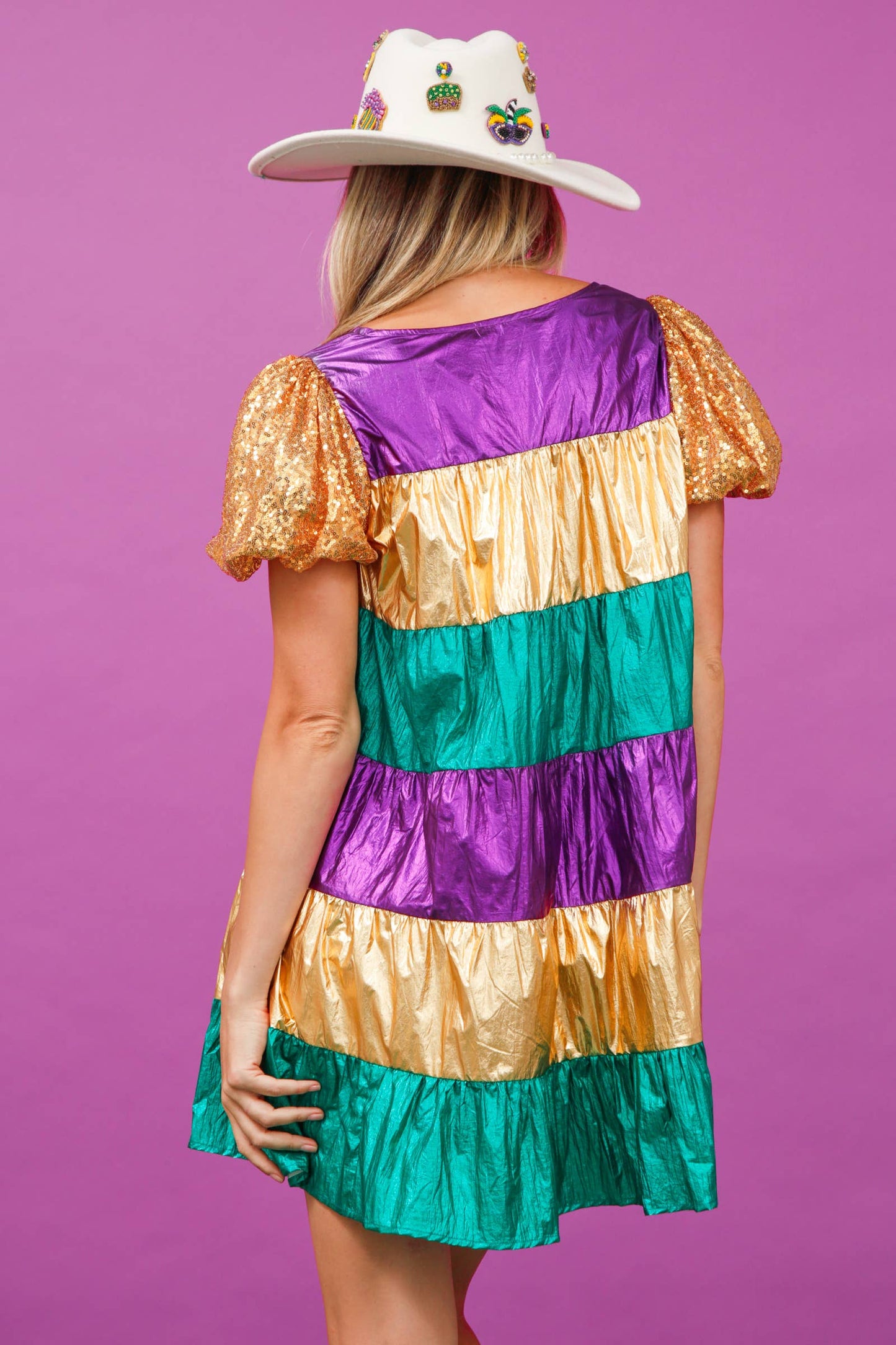 Sequin Sleeve Color Block Vinyl Dress