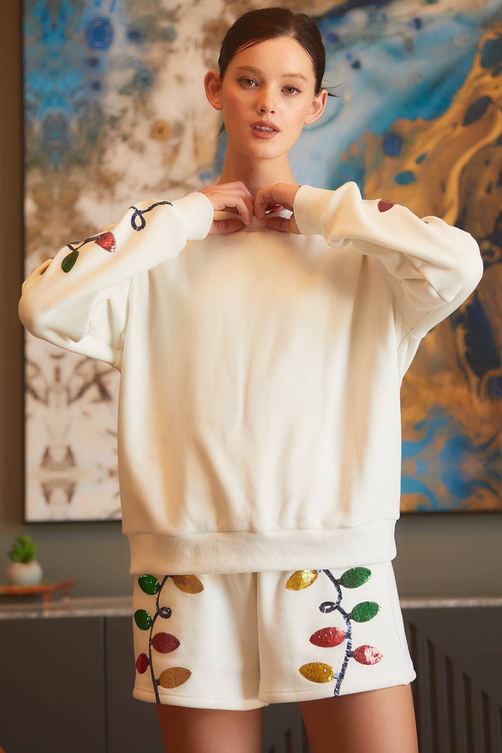 Christmas Light Sequin Embroider Fleece Sweater Top- White