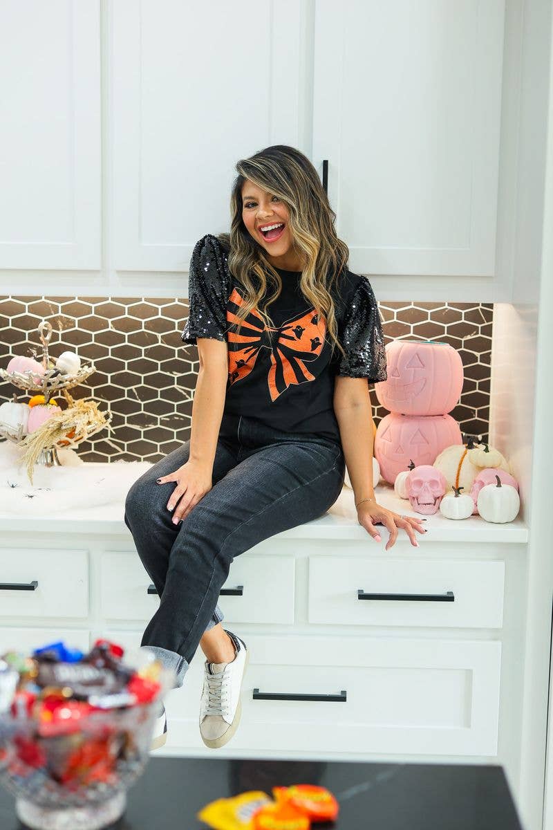 Halloween Bow on Black Top With Sequins Puff Sleeve- Black