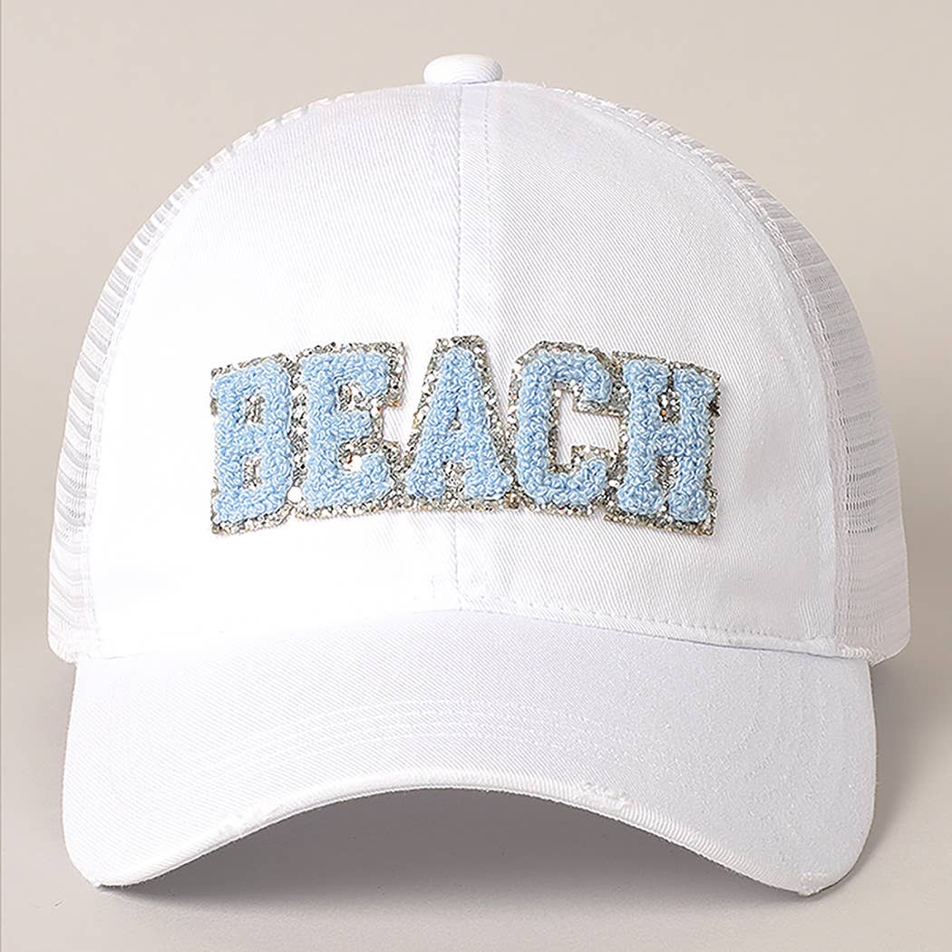 BEACH Chenille Letter Patch Mesh Back Baseball Cap- Hot Pink