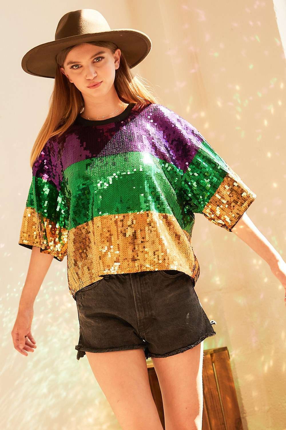 Mardi Gras Color Block Sequin Crop