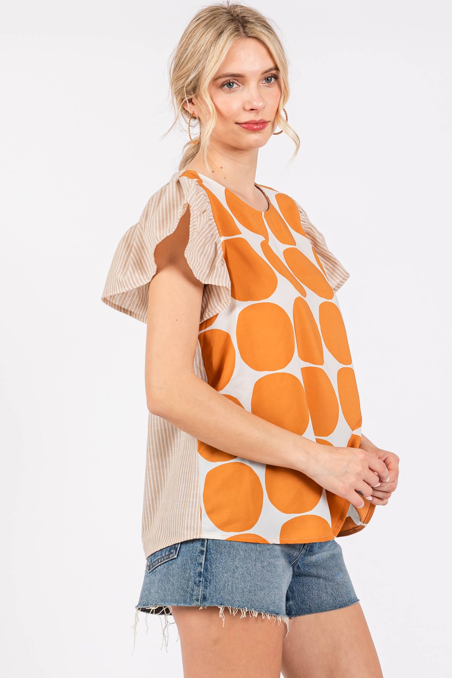 Contrast Polka Dot Blouse Top- Blue/ Royal Blue