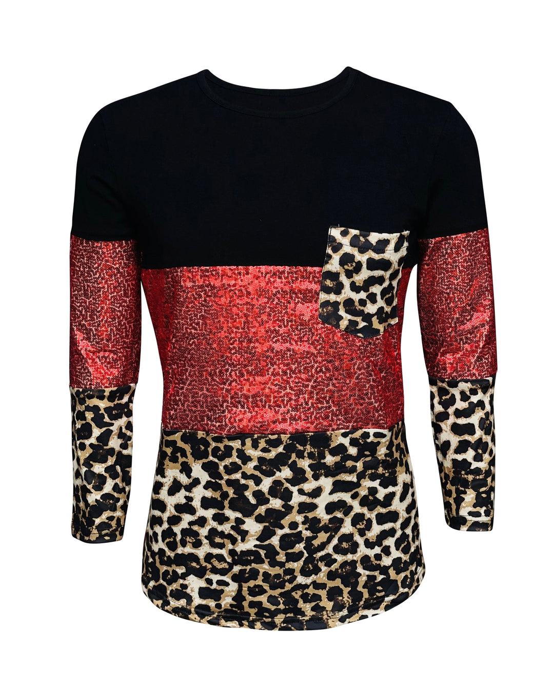 Color Block Black Cheetah Red Sequin Top