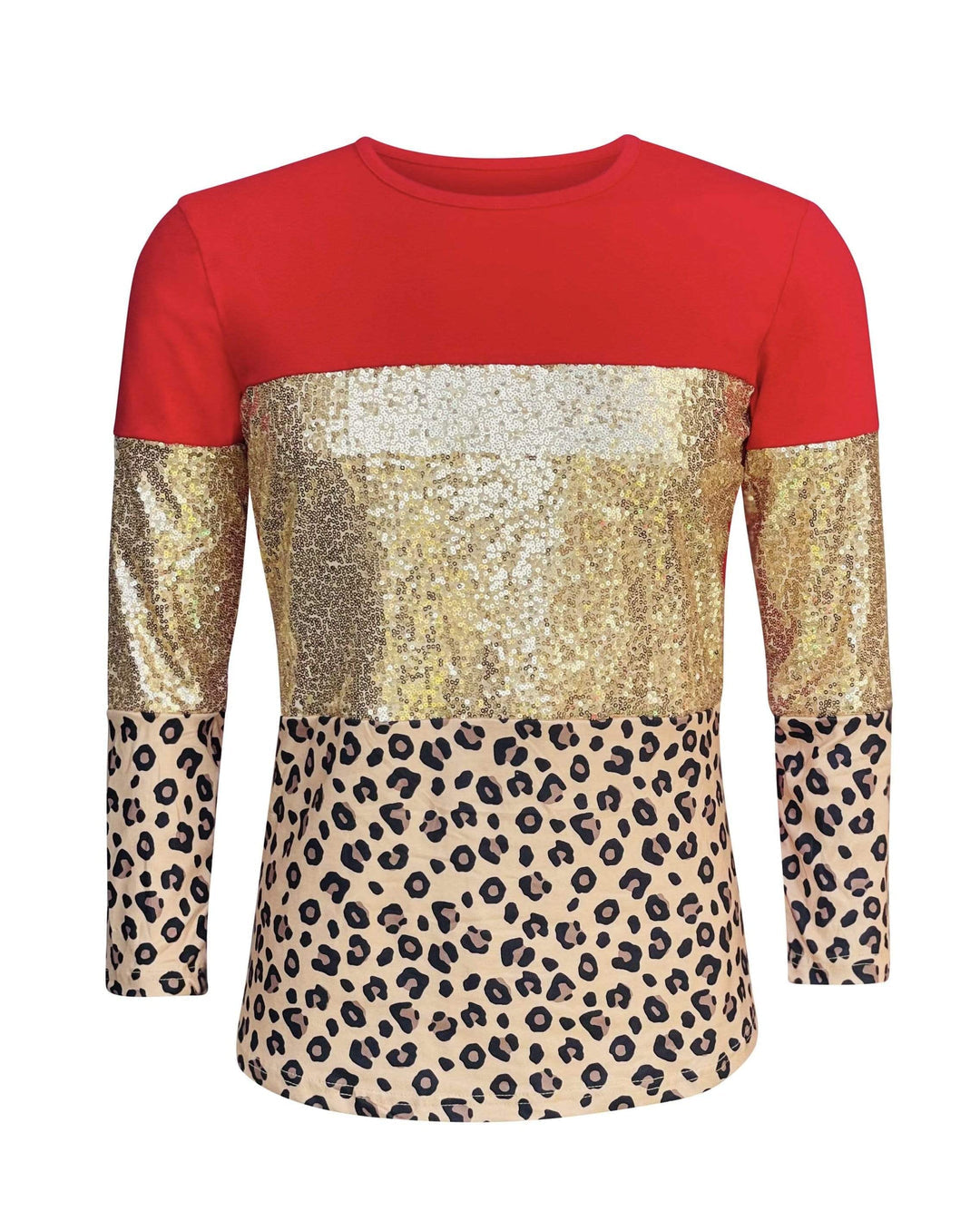 Color Block Red Cheetah Gold Sequin Top