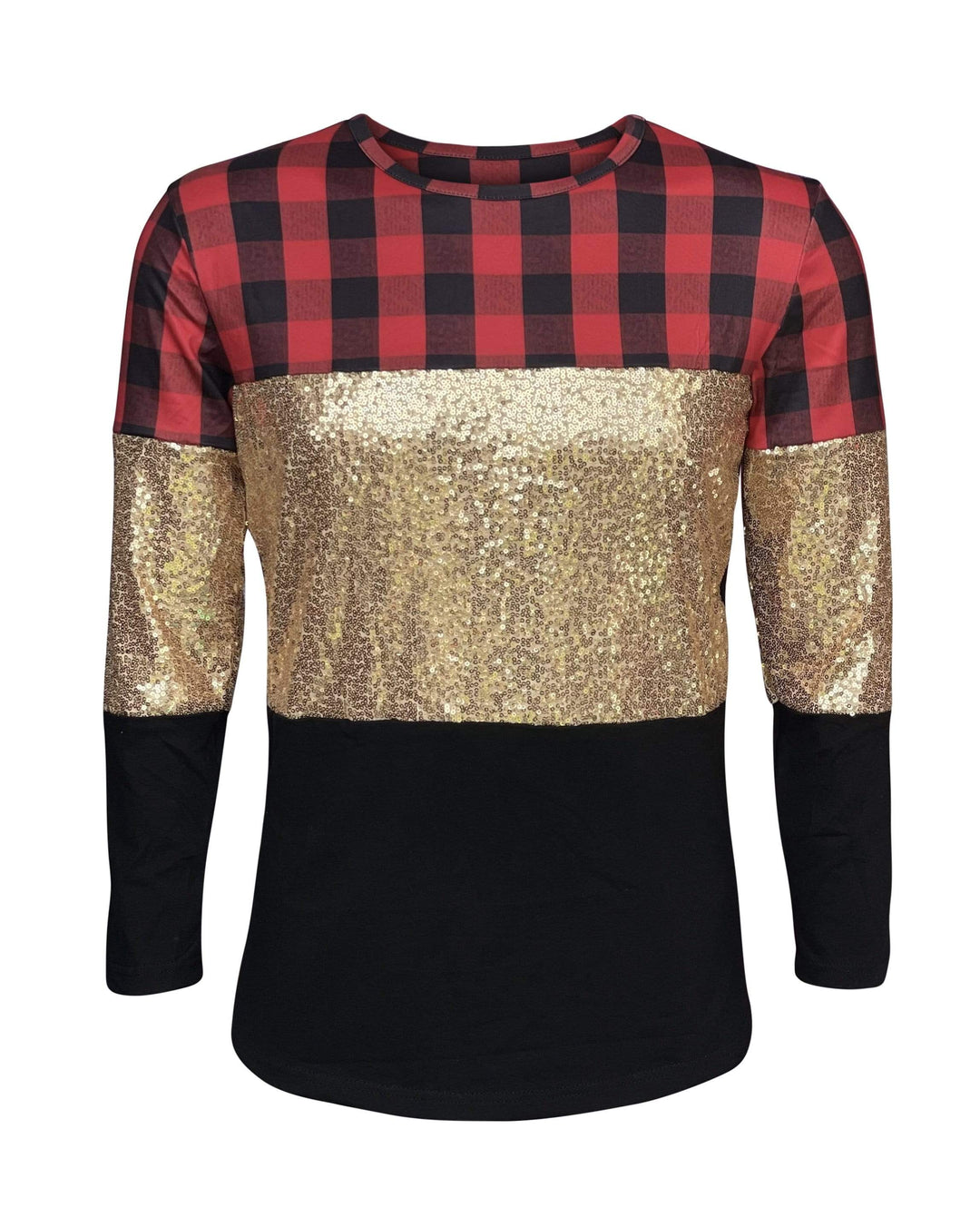 Color Block Red Plaid Gold Sequin Top