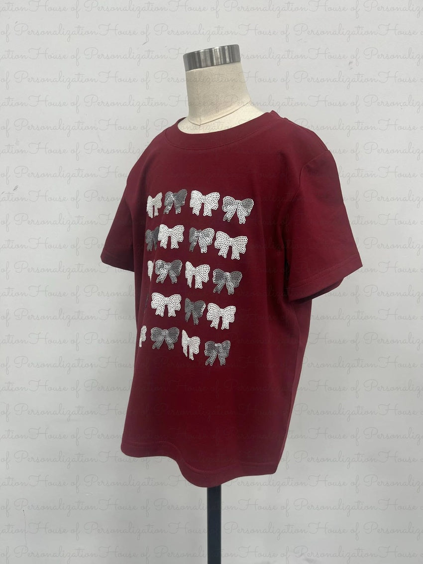 Maroon/Silver Bow Sequin Tee