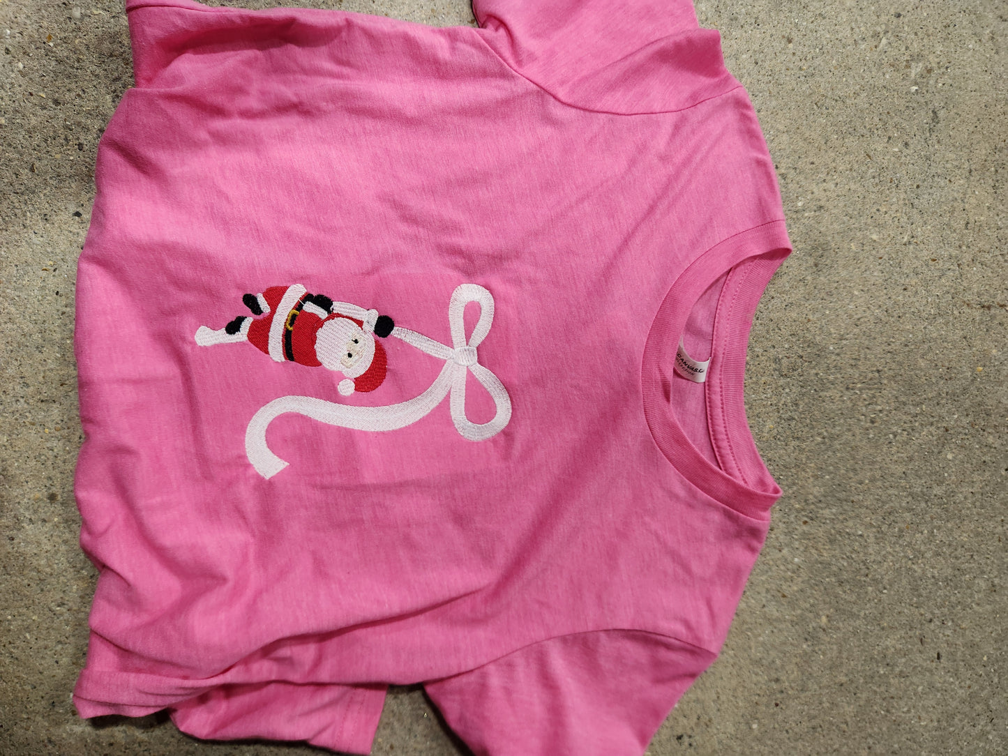 Santa Hanging On Whimsy Bow Embroidered TShirt