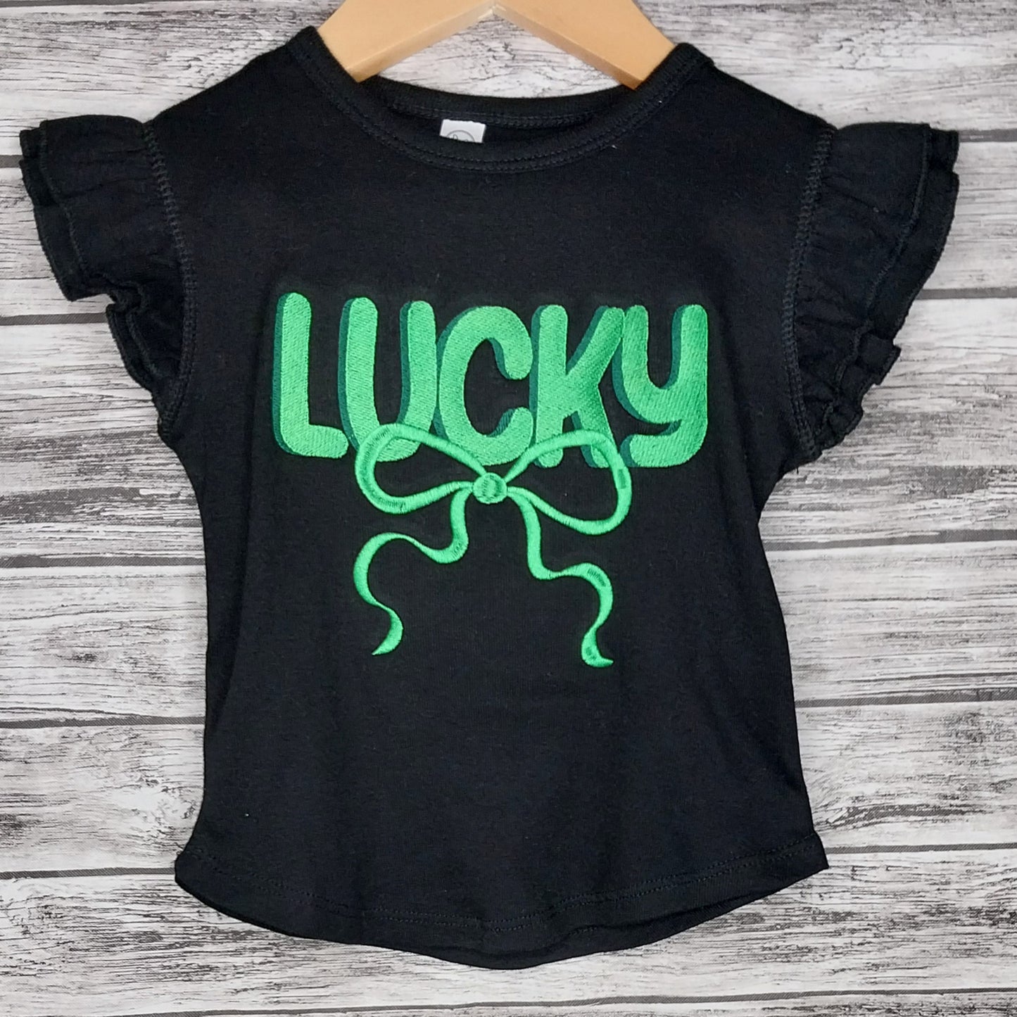 LUCKY W/Bow Flutter Sleeve Embroidered T-Shirt