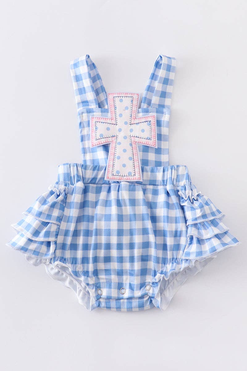 Blue plaid cross ruffle girl romper