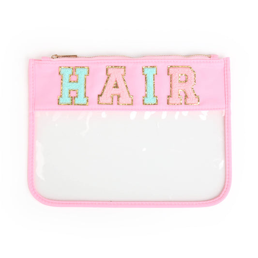 Varsity Letter Clear Zippered Pouch Bag Pink w/HAIR