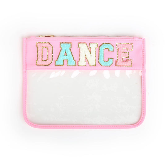 Varsity Letter Clear Zippered Pouch Bag Pink w/DANCE
