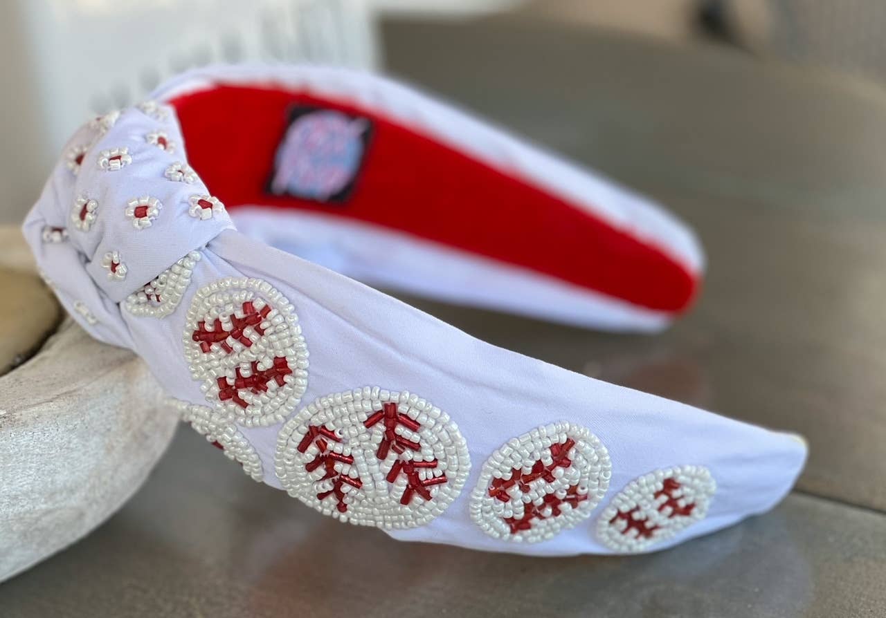 Baseball Seed Beaded Hearts Top Knot Headband