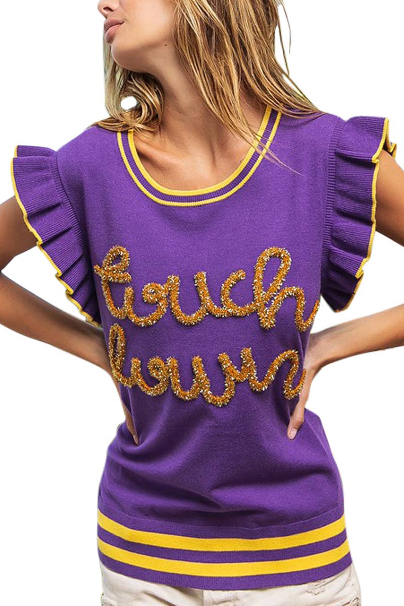 Touchdown Ruffled Armhole Sleeveless Sweater- Purple & Gold
