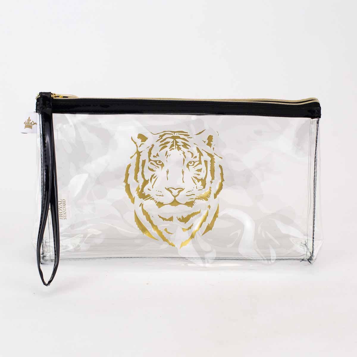 Tiger Clear Organizer Double Zip Pouch- Clear/Black/Gold 10x6x2
