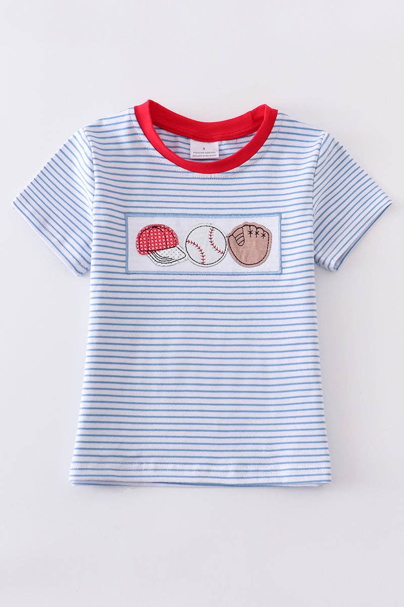 Blue Stripe Baseball Applique Boy Top