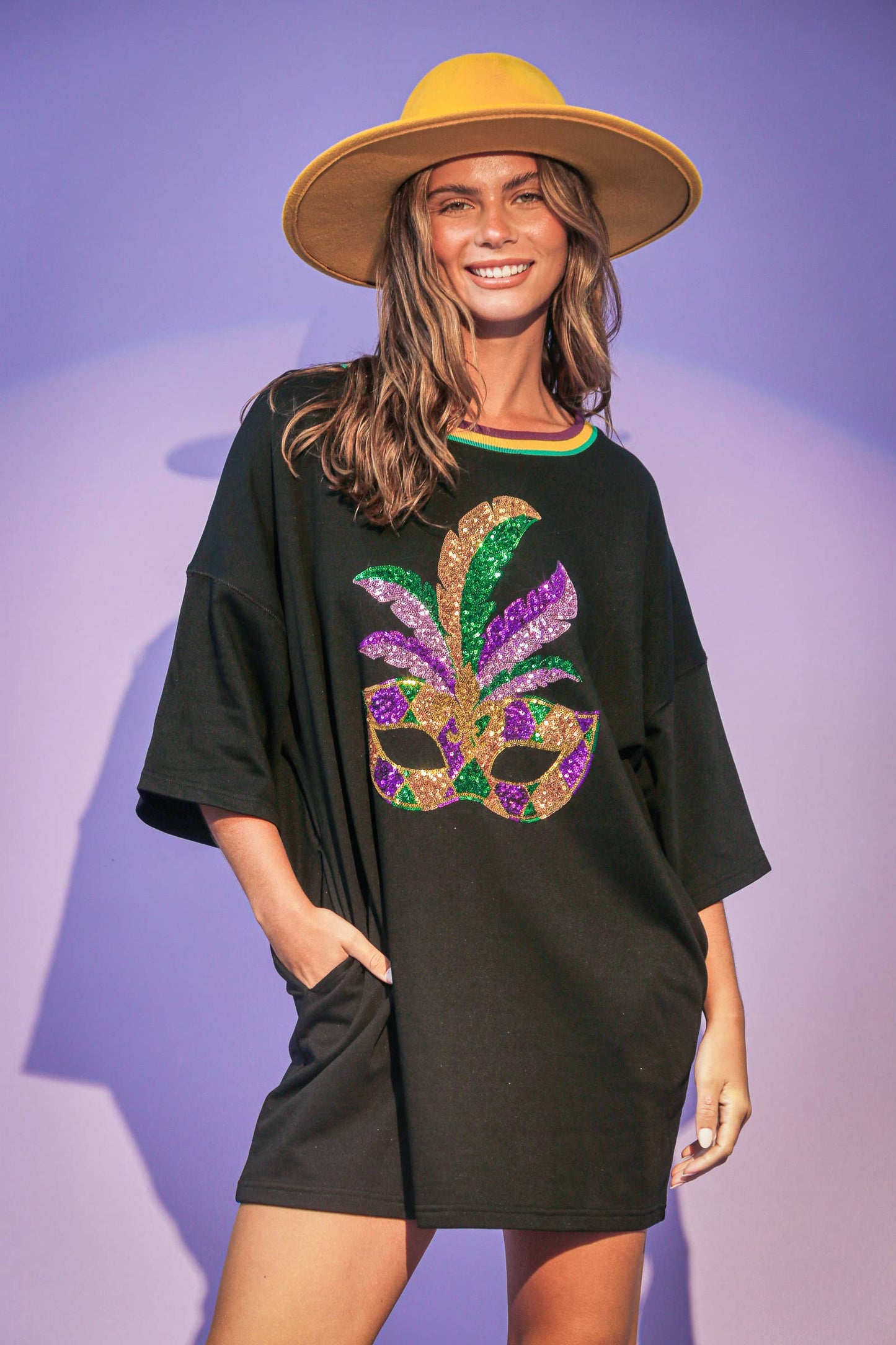 Mardi Gras Sequin Masks T-Shirt Dress- Black