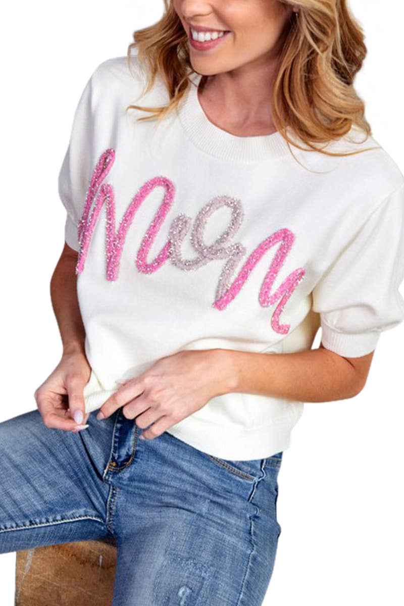 Multi Color Mom Metallic Letter Applique Knitted Top