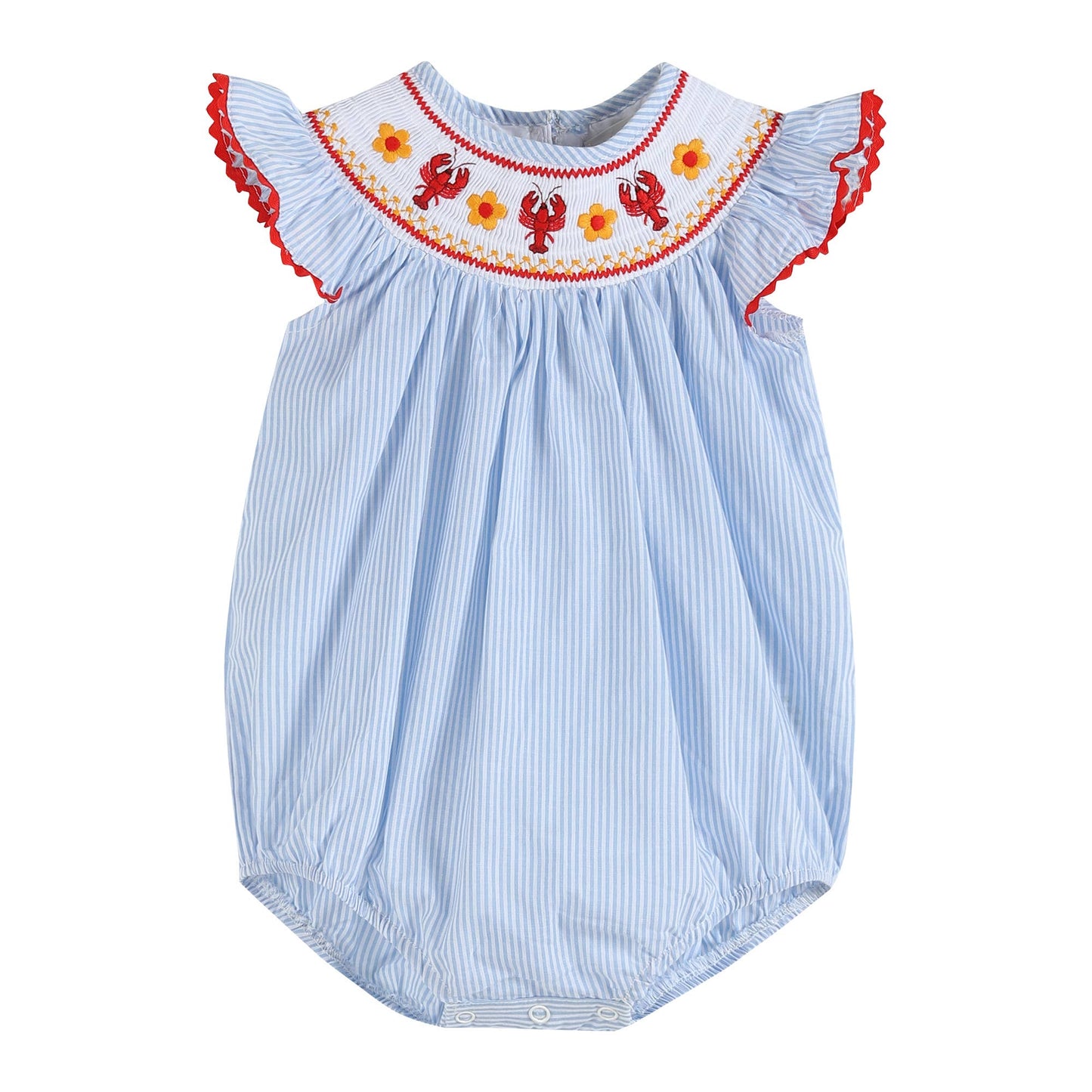 Blue Striped Crawfish Smocked Flutter Romper