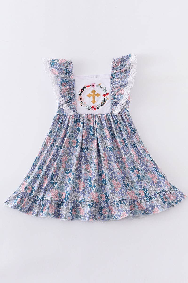 Easter Wreath Embroidery Ruffle Dress