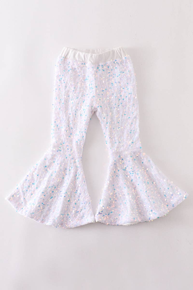 White Sequin Bell Bottom Pants