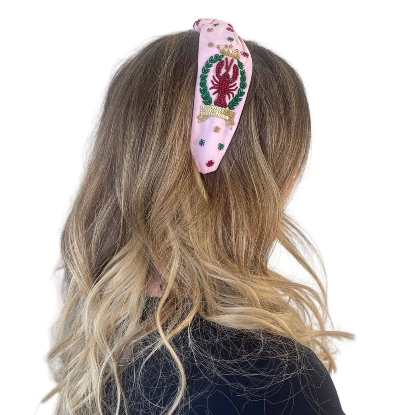Crawfish Beaded Headband- Pink Fabric Design