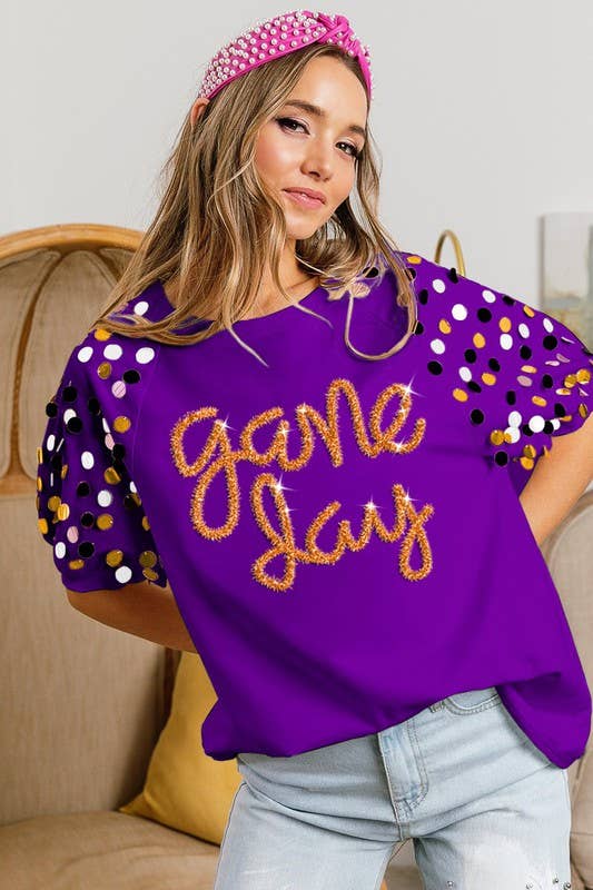 Game Day Metallic Letter Spangle Short Sleeve Sweater- Purple & Gold