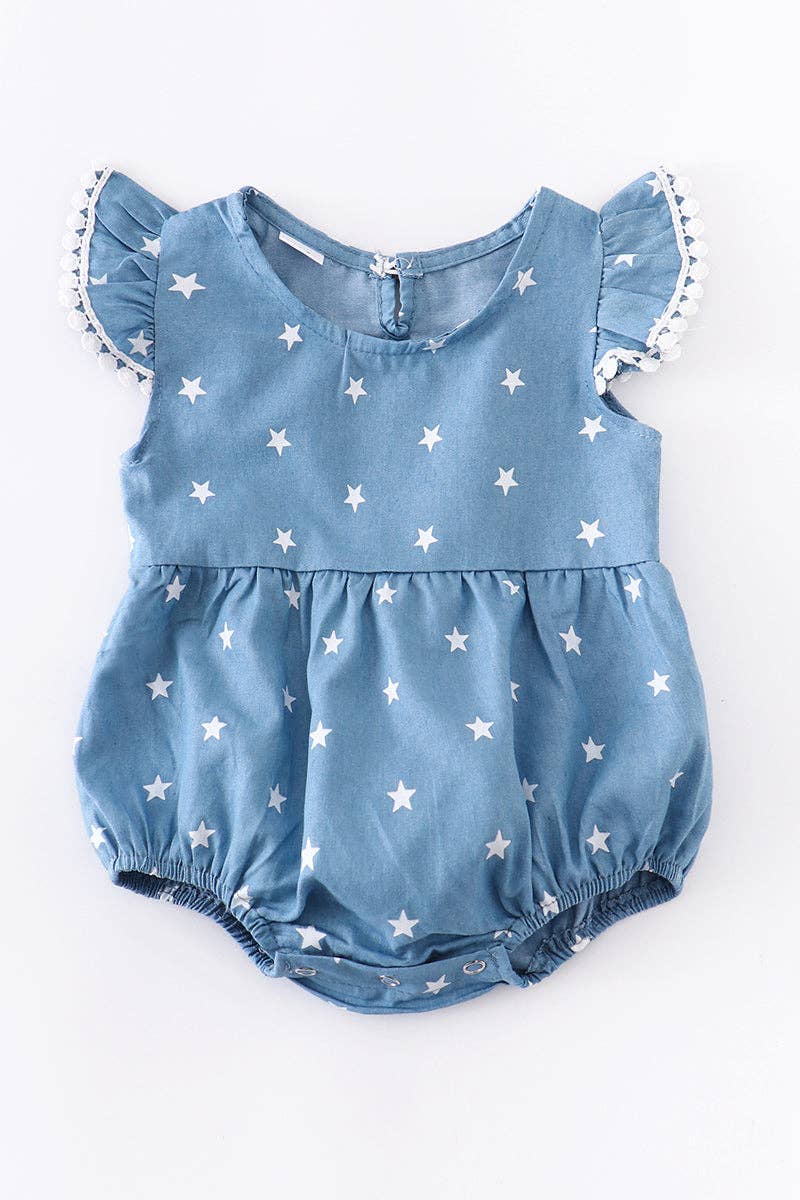 Navy Star Girl Pom Pom Romper